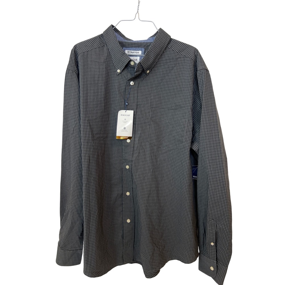Haggar Mens XXL Stretch Gingham Button Down Shirt Pewter Grey Long Sleeve NEW